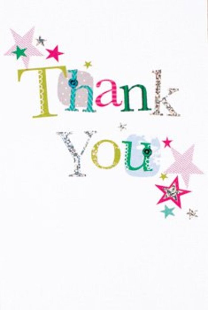 With its air of quiet exuberance, this thank you card gracefully balances playful creativity with heartfelt intention-a style that echoes the community spirit found in Kingsbury's neighbourhood cafes and parks. The letters composing 'Thank You' sweep across the centre, each imbued with a distinct personality: some swirl with cheerful spots and lively curves, while others are refined, with a gentle elegance reminiscent of musical notes. Stars in radiant pink stripes, shimmering turquoise, and luminous silver are gathered nearby, almost as if blessing the message with a touch of magic. The composition floats in swathes of white, giving a sense of airy spaciousness similar to the open lawns at Silver Jubilee Park. Decorative flourishes suggest the work of a talented hand, while the card's understated sophistication ensures it never feels overdone. Whether resting beside a lavish bouquet or tucked into a simple posy from a local Kingsbury florist, this card carries gratitude that feels both universal and deeply personal-a moment of appreciation as memorable as shared laughter among friends on a bright afternoon.