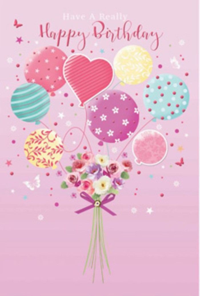 Artful birthday card design showing a floating garden of balloons and flowers, illustrated in gentle pastels that echo the calm of a quiet morning in Kingsbury. The background is a soft, dusty pink, providing a tender backdrop for the playful elements above. Rising from the centre is a cluster of balloons that appear almost weightless, their strings gathering at the base where the flowers begin. Each balloon is distinct: some are wrapped in twirling stripes like curling ribbon, others are dotted with light-hearted spots, and a few are adorned with miniature floral motifs, as if reflecting the bouquet they lift. The palette moves harmoniously from pale sunshine yellow to rosy fuchsia, sea green, and lavender, creating a sense of movement without any harsh contrast. At the base, a dainty hand-tied bouquet brings the illustration down to earth. Petite roses and tiny daisy-like blooms are shaded from cream to blush pink, their petals softly overlapping like layers of silk. Hints of mauve deepen the composition, lending it a romantic warmth. The stems are gathered neatly and bound with a sparkling purple bow that glints as though catching natural light from a nearby window overlooking Kingsbury's gardens. Around the central design, whimsical butterflies drift and tiny stars hover, giving the impression of a daydream captured on paper. The whole scene feels like a gentle jubilation-a quiet, heartfelt birthday wish, crafted with the sensitivity and care of a local florist who understands how to convey happiness and affection through colour, form, and the imagined scent of fresh blooms.