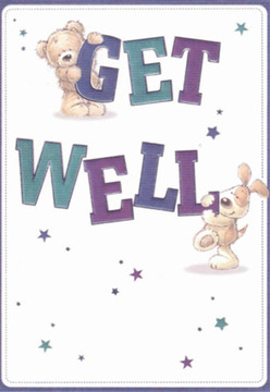 This evocative get well card, echoing the caring atmosphere of Kingsbury's friendly neighbourhoods, presents two delightful figures: a snuggly teddy bear with caramel-toned fur and a vivacious puppy with expressive, floppy ears. The bear gently clasps the 'GET' atop, its features radiating empathy, while the puppy leans playfully against the prominent 'WELL,' both rendered in deep indigo and teal shades that bring the message alive. Flickering stars-some vivid turquoise, others deep lavender-populate the pristine background, reminiscent of evening skies over Fryent Country Park and imbuing the artwork with a magical edge. The illustration's soft lighting and rounded edges evoke the plush textures found in beloved childhood toys and the gentle assurance of a get well bouquet arranged by a caring Kingsbury florist. The white backdrop enhances both cleanliness and hope, while the popping typography gives a sense of uplift and dynamism. Every brushstroke feels intentional, like the careful selection of blooms meant to soothe and encourage. The card promises not just quick recovery, but the comfort of connection and the cheerful energy that local residents share daily. Whether sent alongside a fresh arrangement of seasonal flowers or on its own, this card is a heartfelt gesture of care-an artful blend of innocence, encouragement, and Kingsbury's unmistakable community warmth.