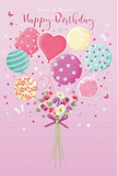 Whimsical illustrated birthday card showing pastel balloons lifting a charming bouquet of flowers, evoking the joyful spirit of a Kingsbury celebration. The background is a soft, velvety pink, reminiscent of an early spring sunrise over the rooftops near Kingsbury Station. At the centre, a playful cluster of balloons floats upward, each one with a distinct character: some swirl with candy-coloured stripes, others are sprinkled with lively polka dots, and a sweet heart-shaped balloon glows at the middle, symbolising affection. The colours-blush pink, creamy yellow, mint, lavender, and soft teal-blend seamlessly, like confetti drifting slowly through the air. From the base of these balloons rises a hand-tied bouquet, brimming with delicate roses and anemone-like blooms in shades of ivory, blush, and gentle mauve. The petals look feathery and soft, layered in neat, rounded shapes that suggest carefully arranged, freshly cut flowers. A violet satin bow wraps around the gathered stems, its smooth sheen echoing the light that glints from the balloons above. Scattered around the composition, tiny stars and butterflies appear to flutter, giving a subtle hint of fairy-tale magic, as if this card could easily accompany a surprise birthday delivery to a home off Kingsbury Road. The image captures the feeling of a light, airy, and delightfully festive moment-a design that feels both playful and polished, the kind of illustration a thoughtful local florist might choose to express warm birthday wishes with charm and imagination.